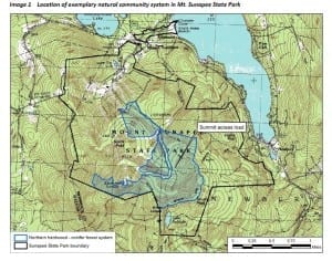 mage from Natural Heritage Bureau 2015 report shows location of exemplary natural community in Mount Sunapee State Park. Click on map to enlarge.